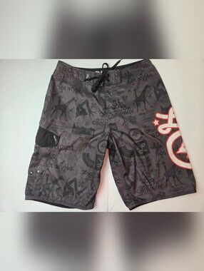LRG Black Graphic Swim Board Shorts with Red Accent